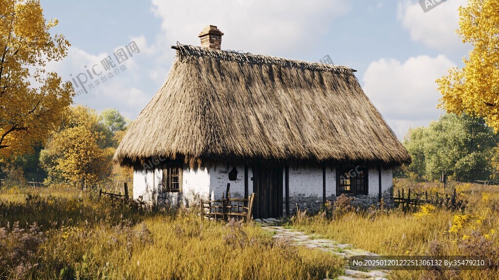 古代土墙茅屋场景