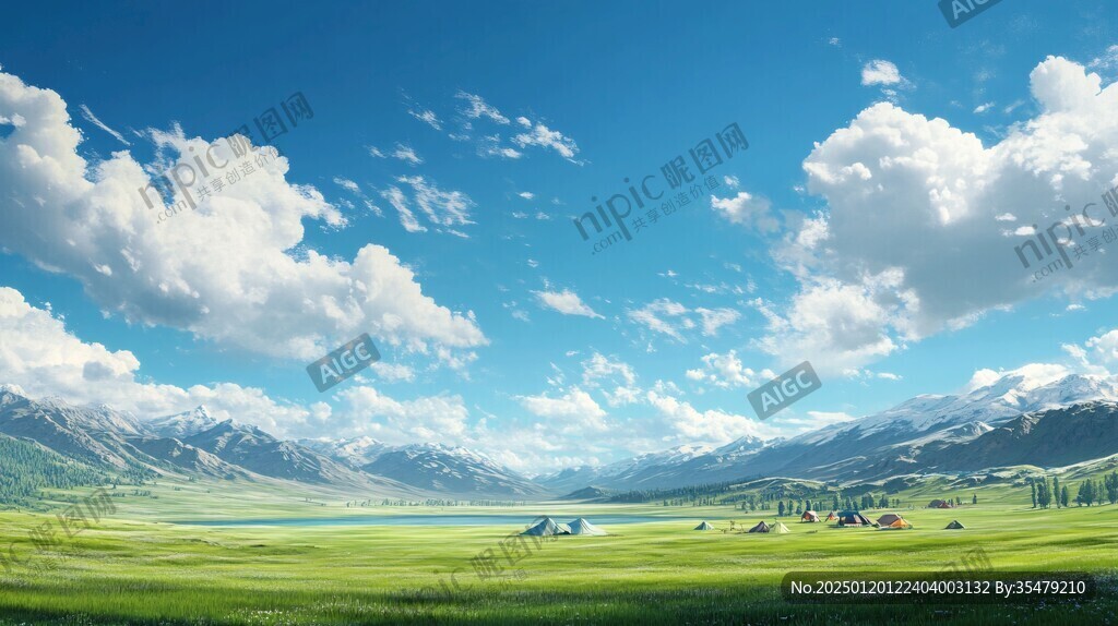 蓝天白云山脉草地背景