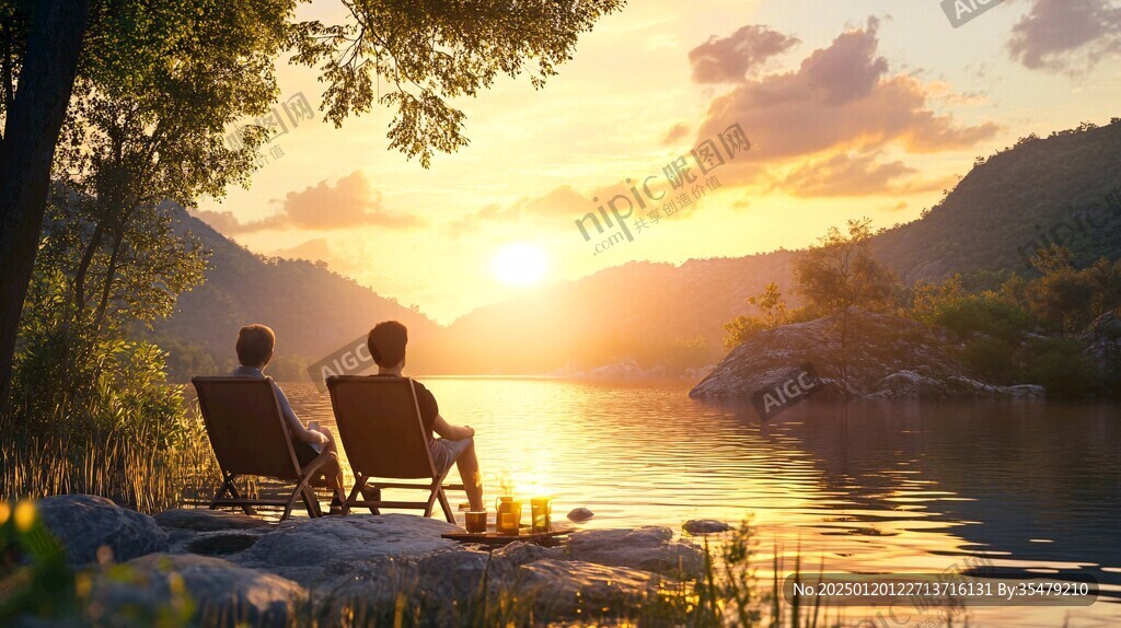 情侣在湖边看夕阳