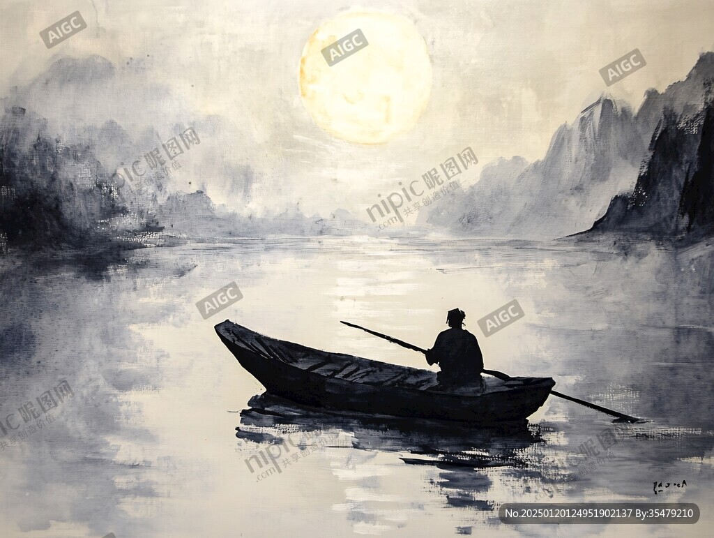 一叶孤舟意境画