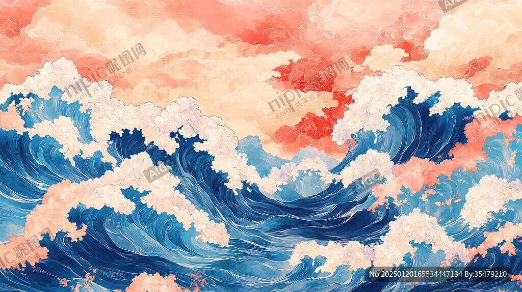 浪花纹理工笔重彩风格