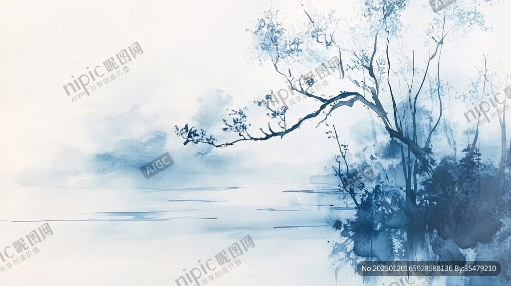 蓝色风格水墨风光