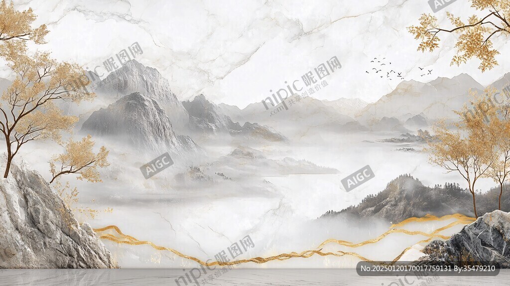 金色水墨群山背景墙