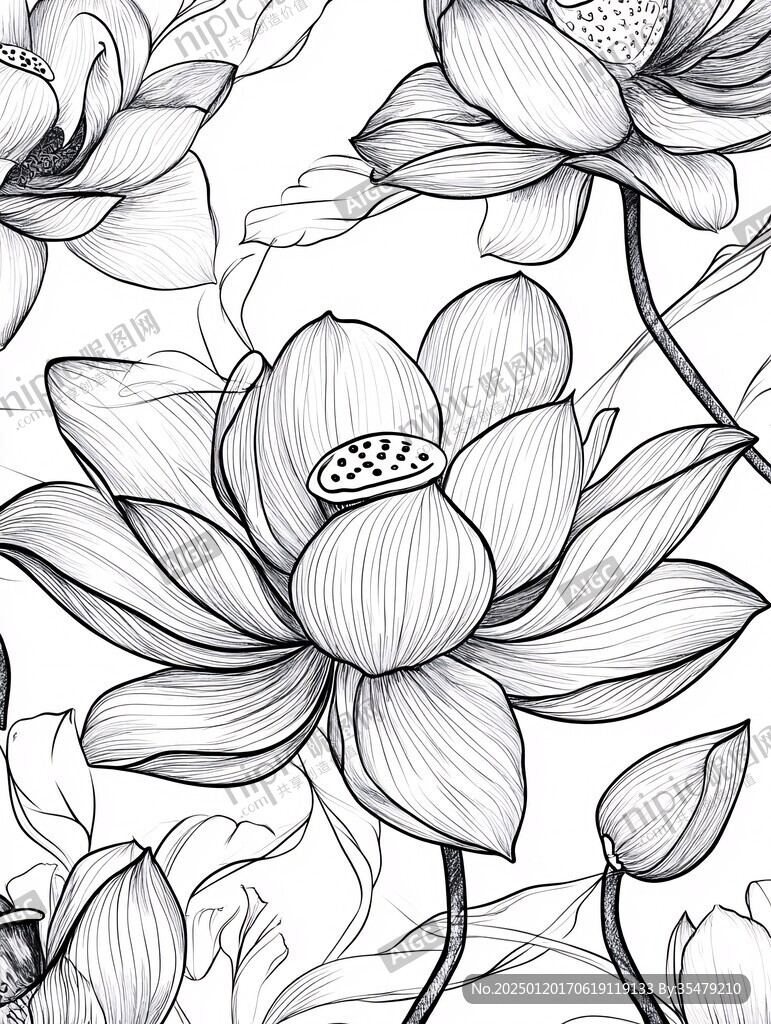 手绘黑白线描荷花