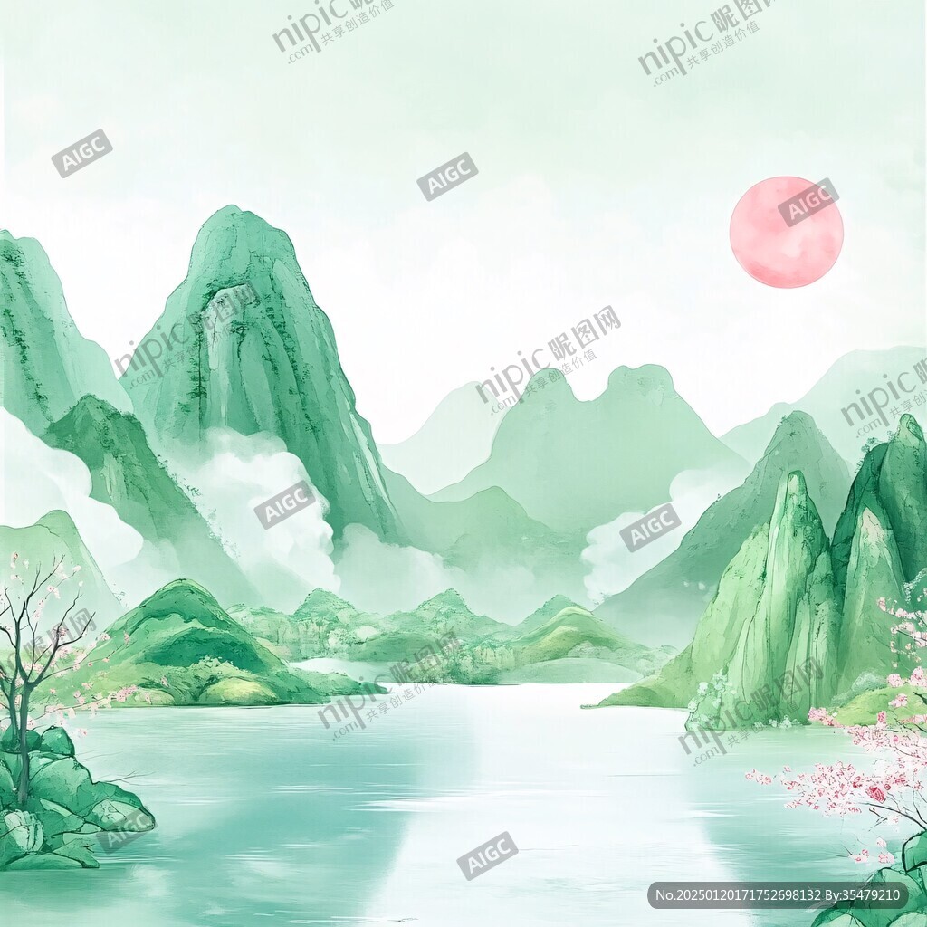 中式山湖插画