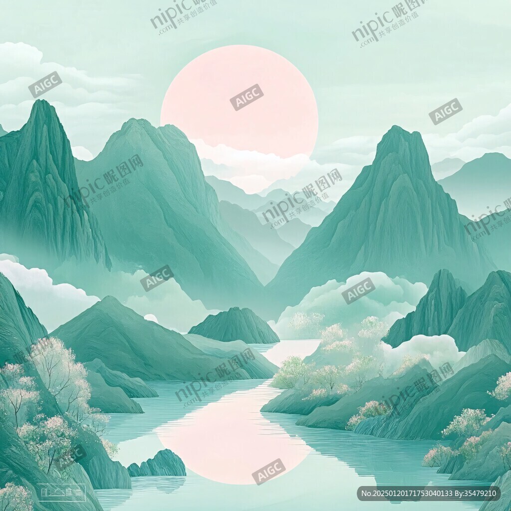 中式山湖插画