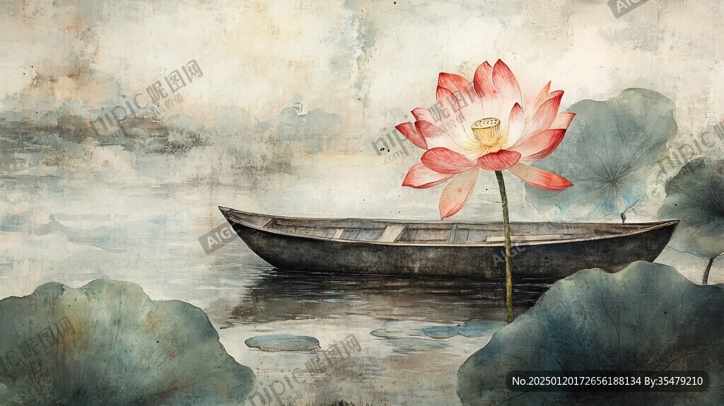 意境风景画水彩荷花