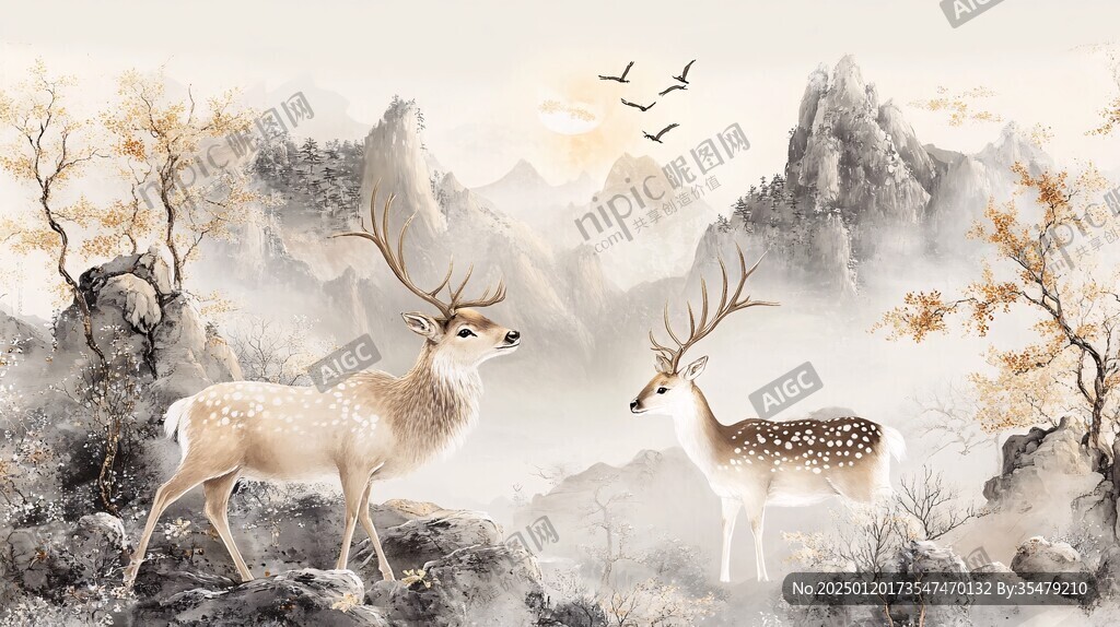 发财树麋鹿山水画