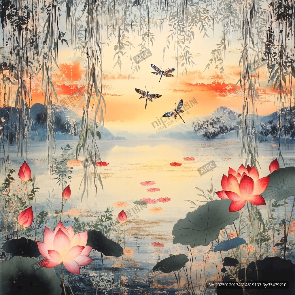 荷花飞鸟山水