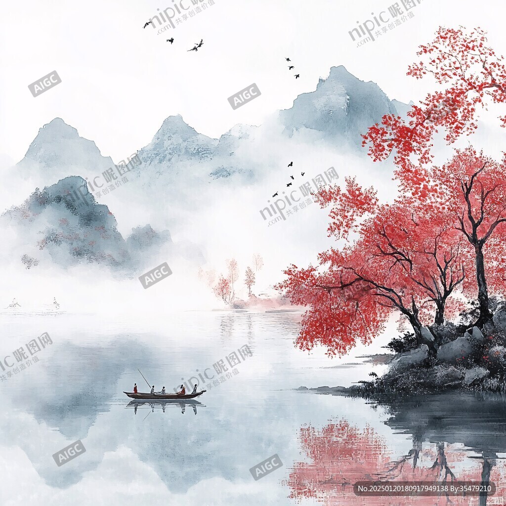 红叶古风山水画