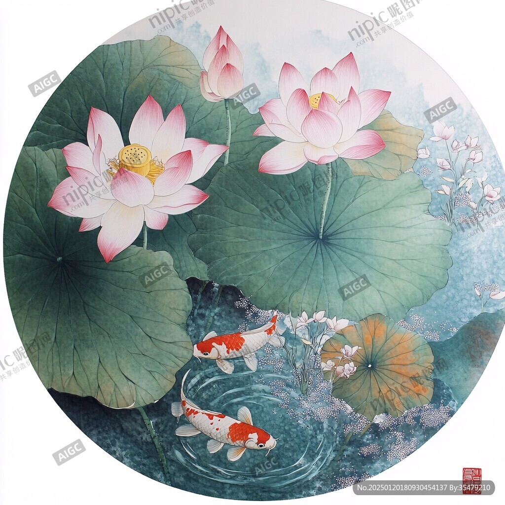 圆形小品荷花工笔画