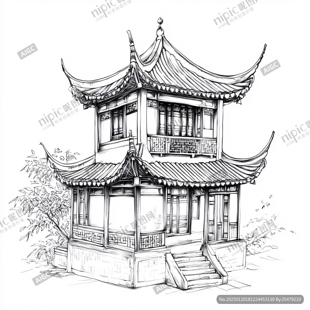 中式建筑钢笔插画