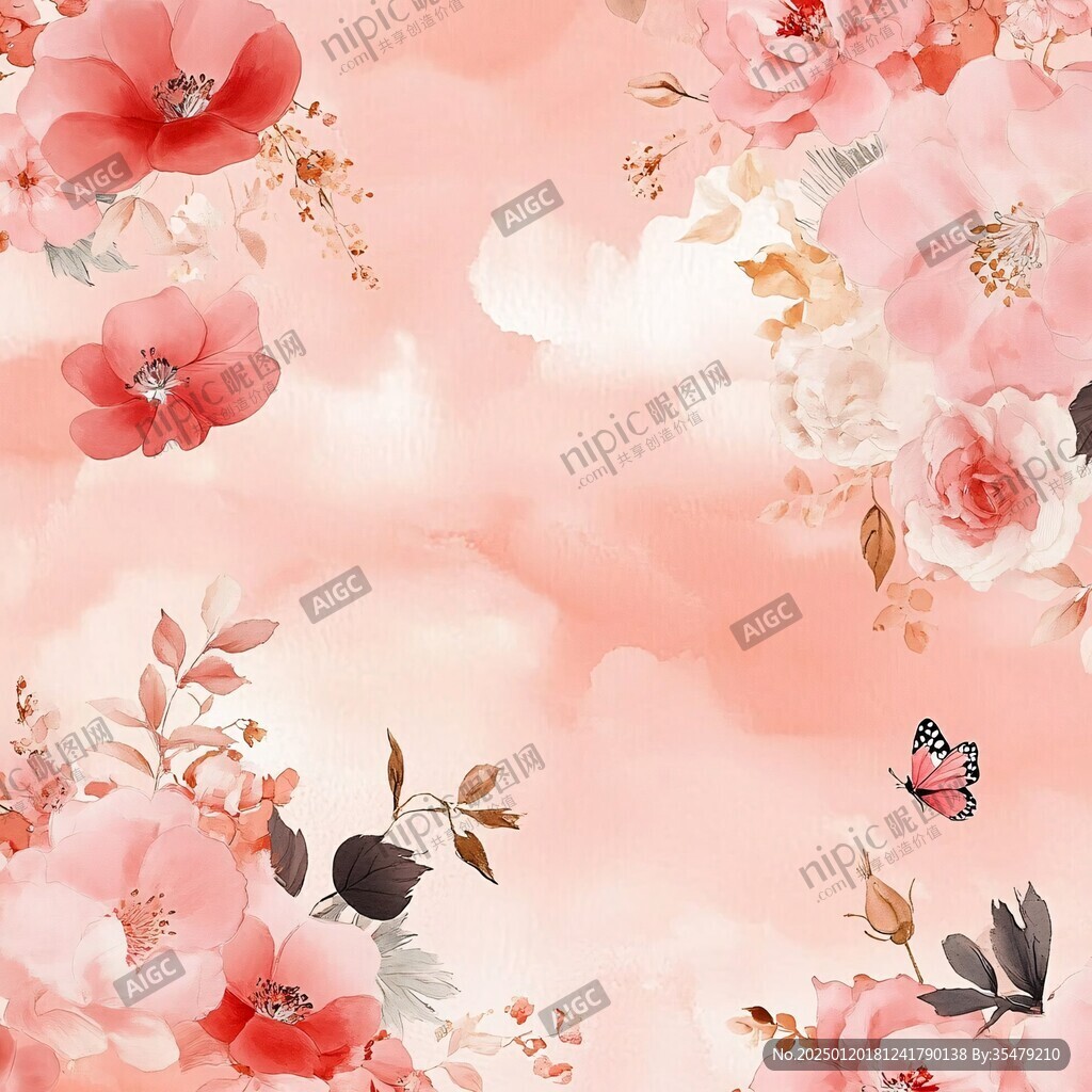 手绘红色花卉梦幻背景