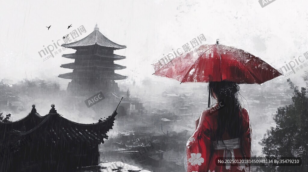 撑伞红衣背影