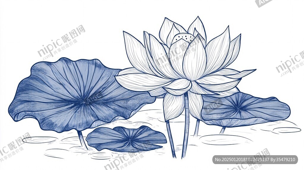 荷花线性插画