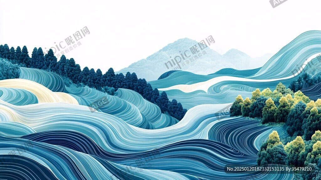 高端山水线包装插画