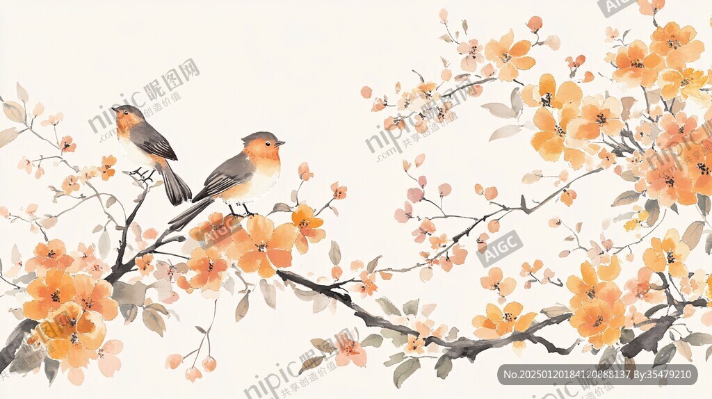 手绘花鸟背景墙壁画