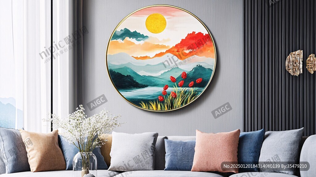 现代山水圆框装饰画