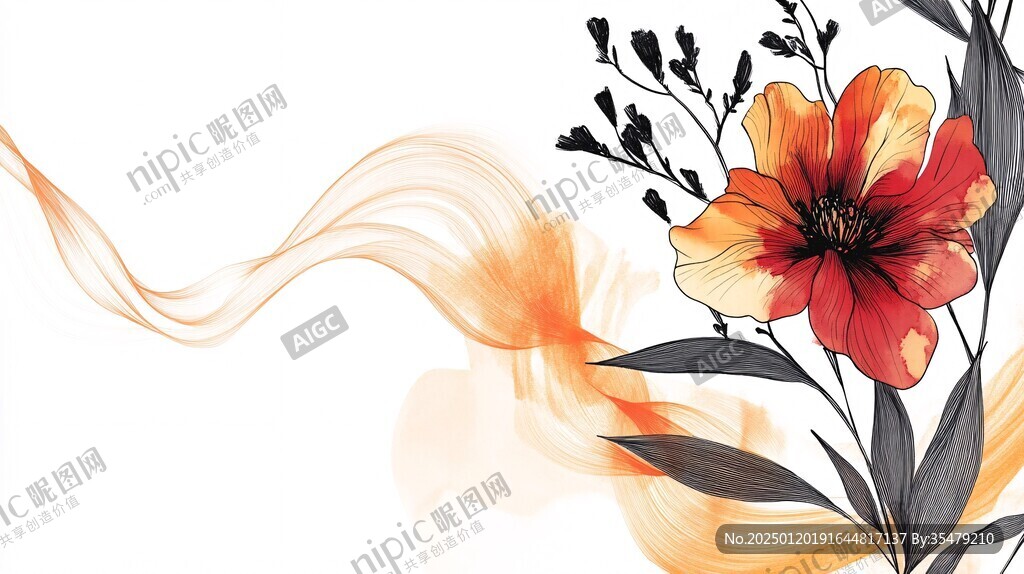 橘色花手绘