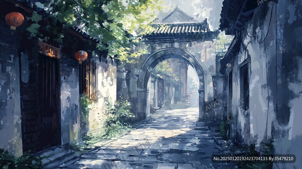 水粉画古街巷