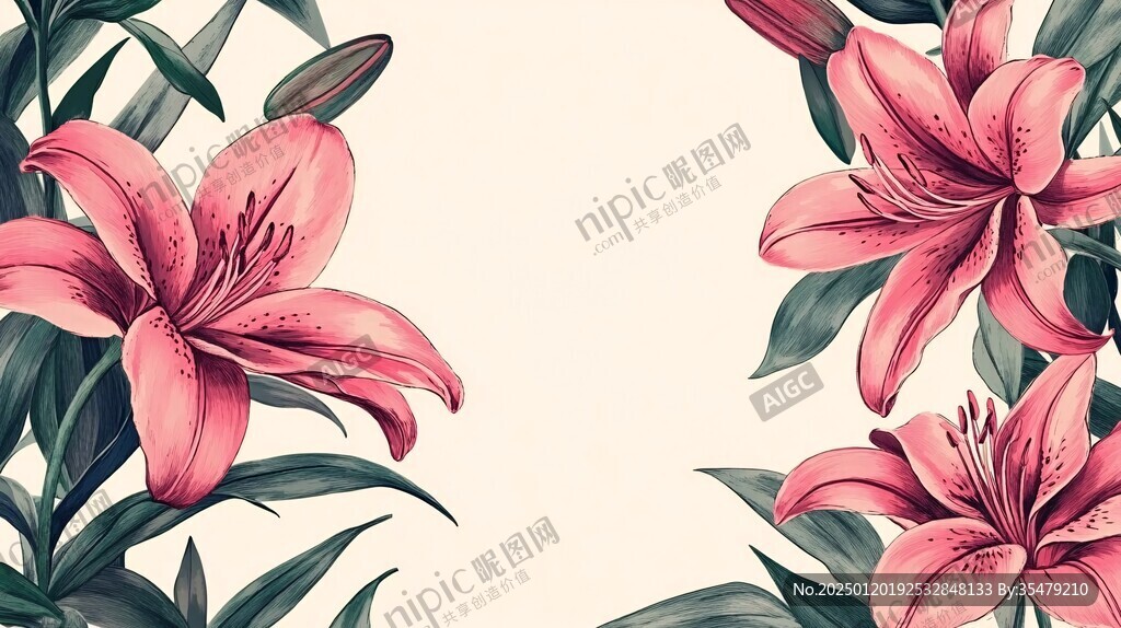 手绘粉色百合花