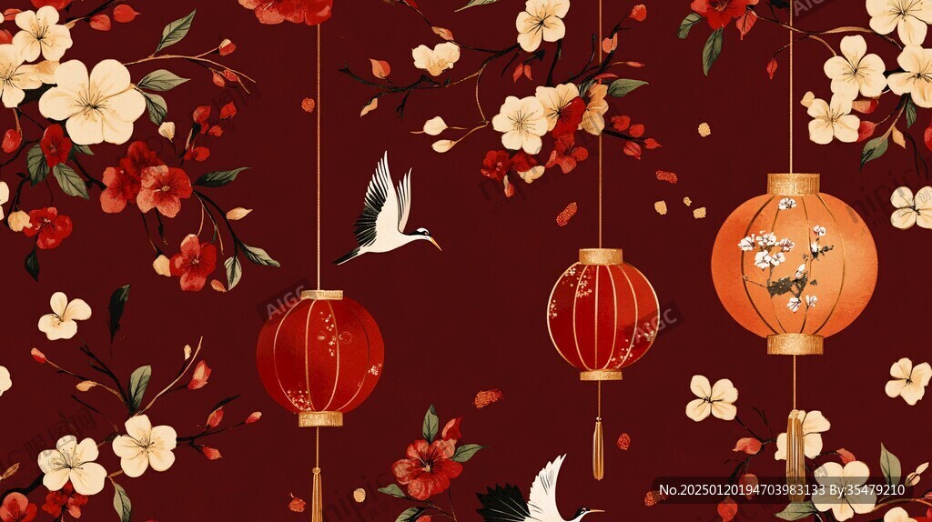 新中式手绘红色花鸟