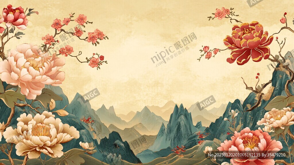 手绘牡丹花云山