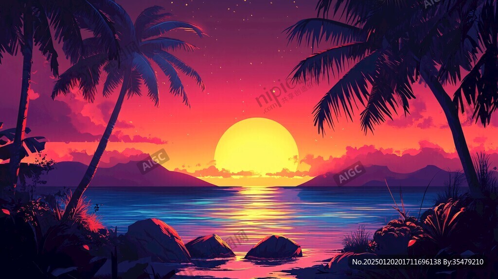 海边落日插画