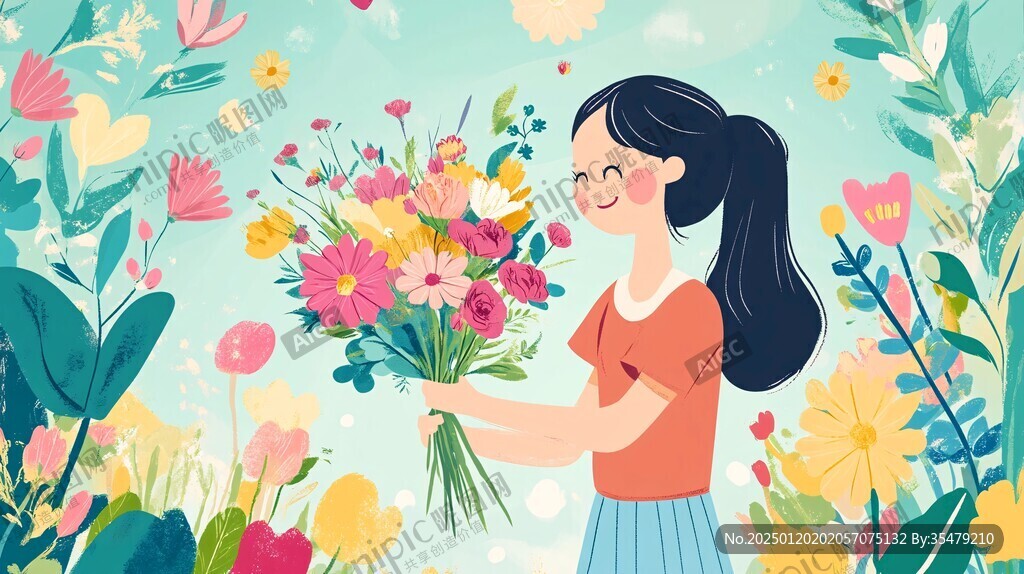 女孩捧花微笑插画