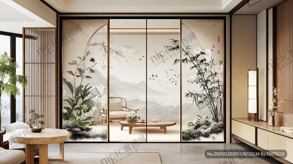 新中式手绘竹林花鸟