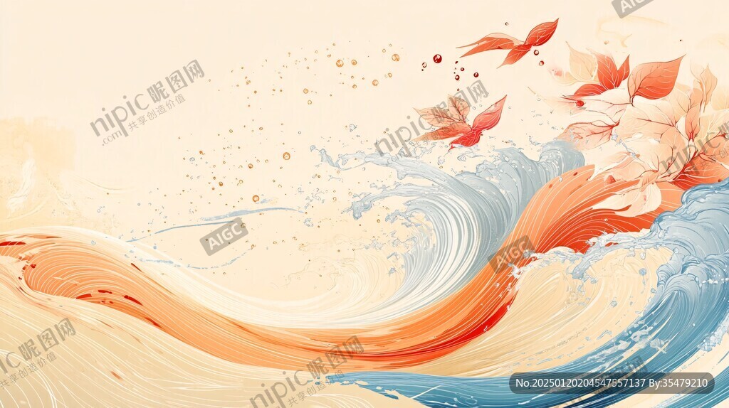 手绘金鱼海浪