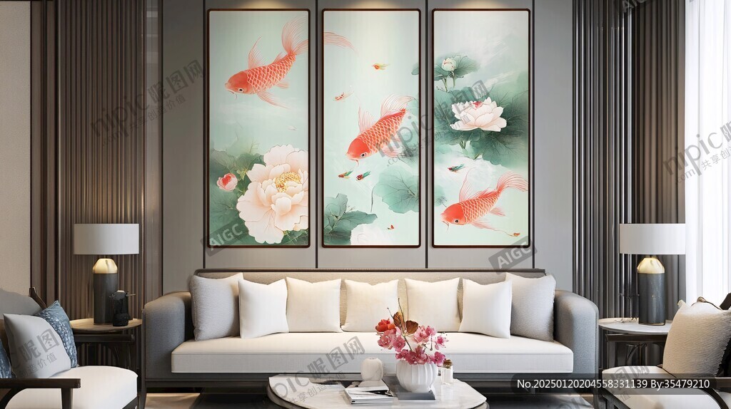 新中式九鲤荷花图