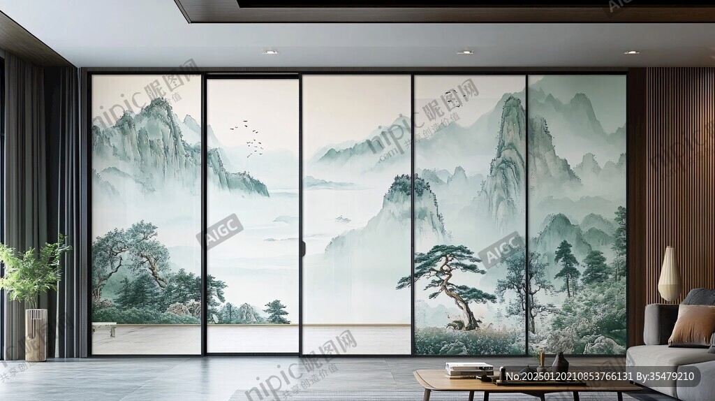 山水画玻璃屏风
