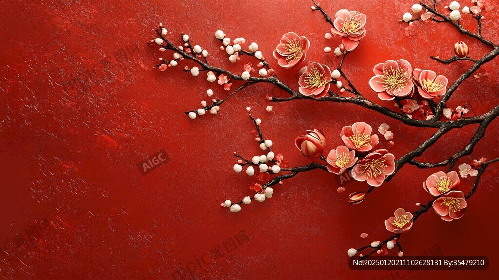 工笔手绘红墙梅花