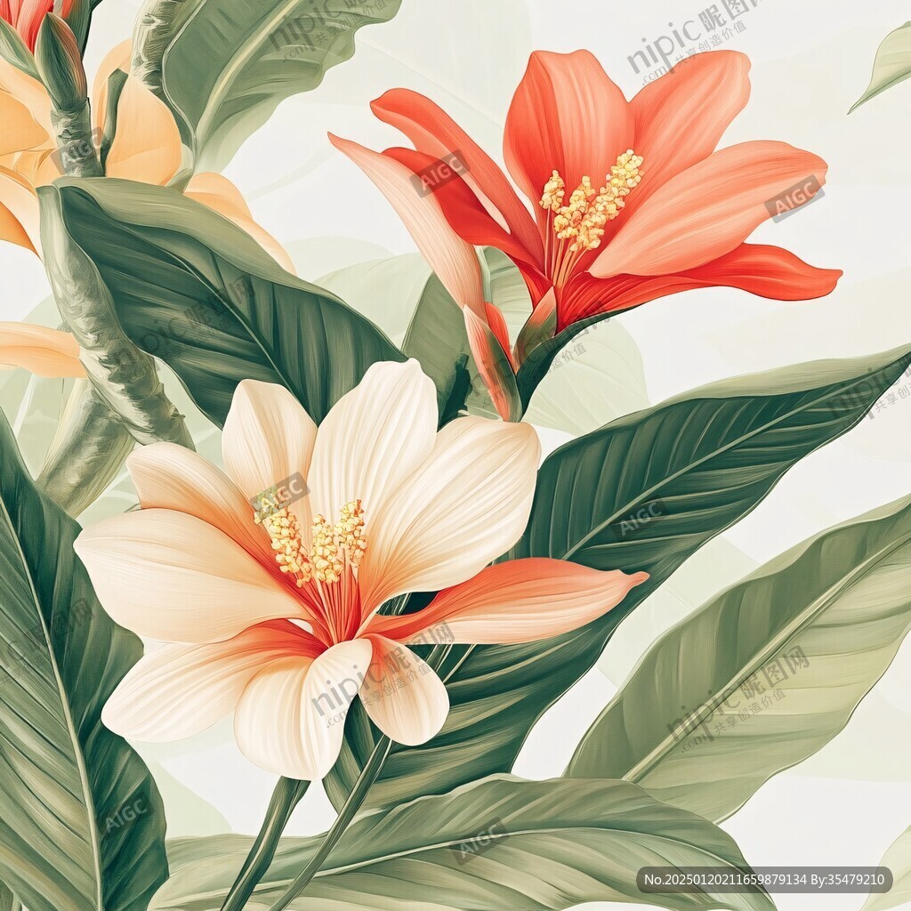 田园风热带树叶花朵