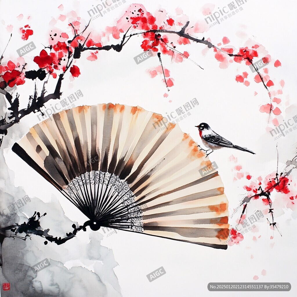 折扇水墨桃花