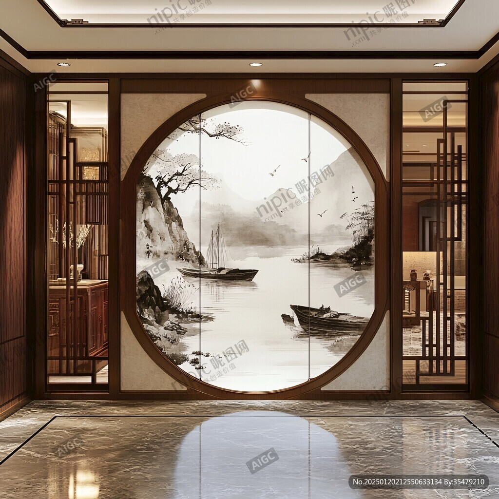 圆山水框画硬包背景