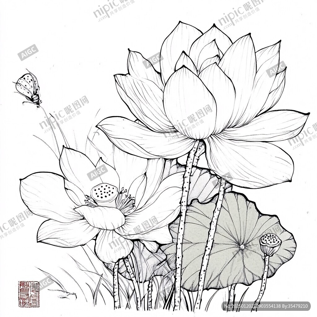 荷花手绘黑白