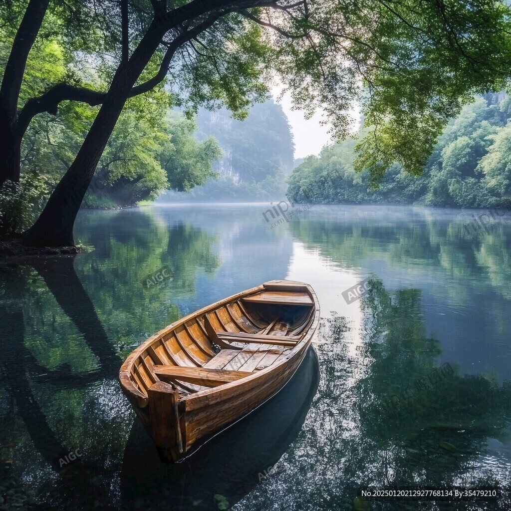 意境湖泊小船