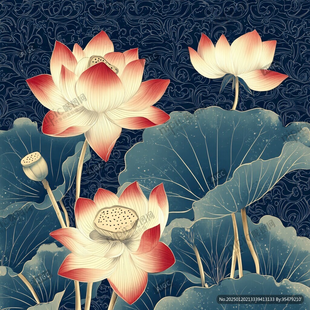 深蓝背景荷花图