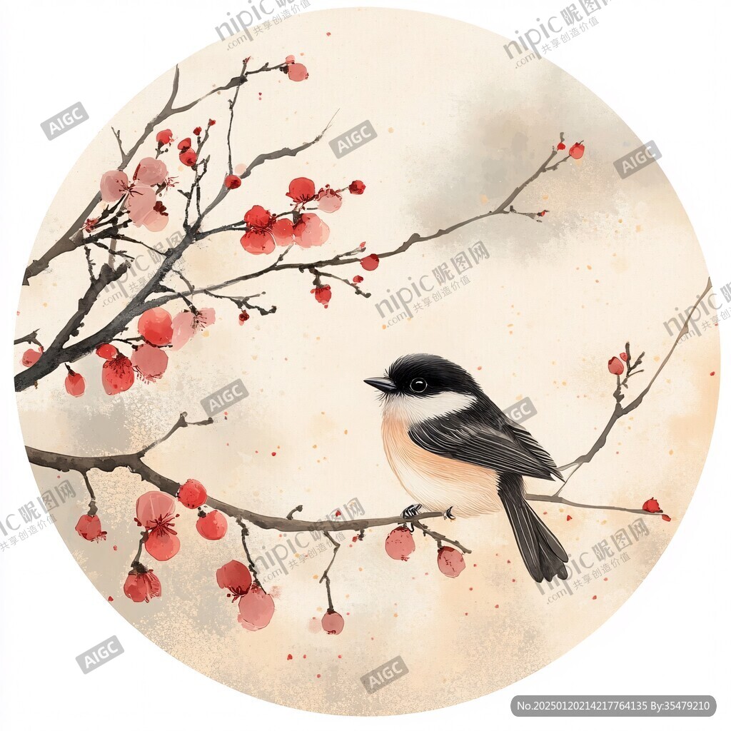 古风红梅花鸟插画