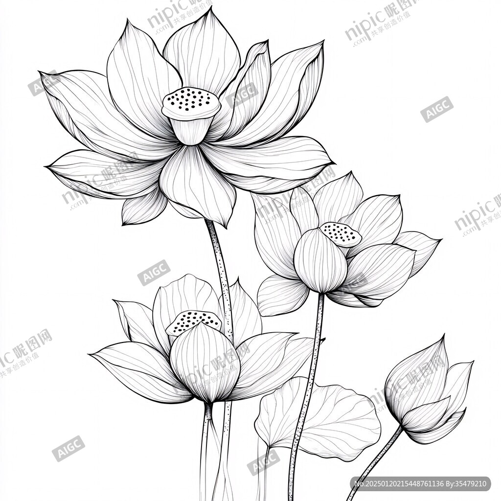 手绘黑白线描荷花