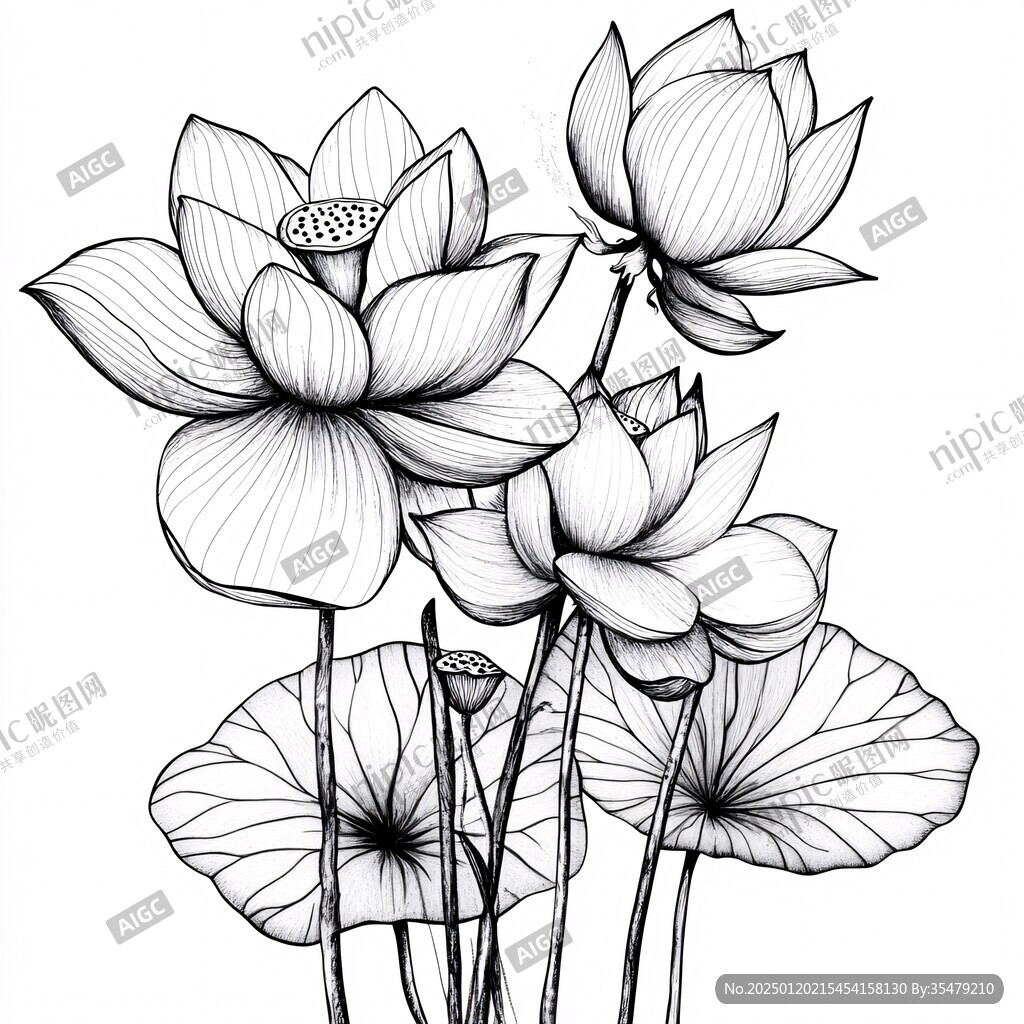 手绘黑白线描荷花