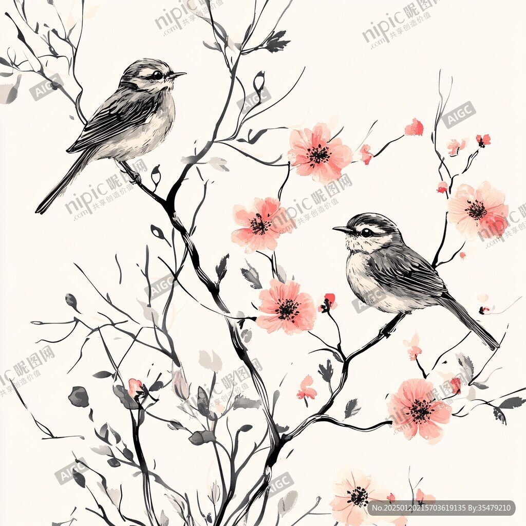 唯美小鸟树枝手绘