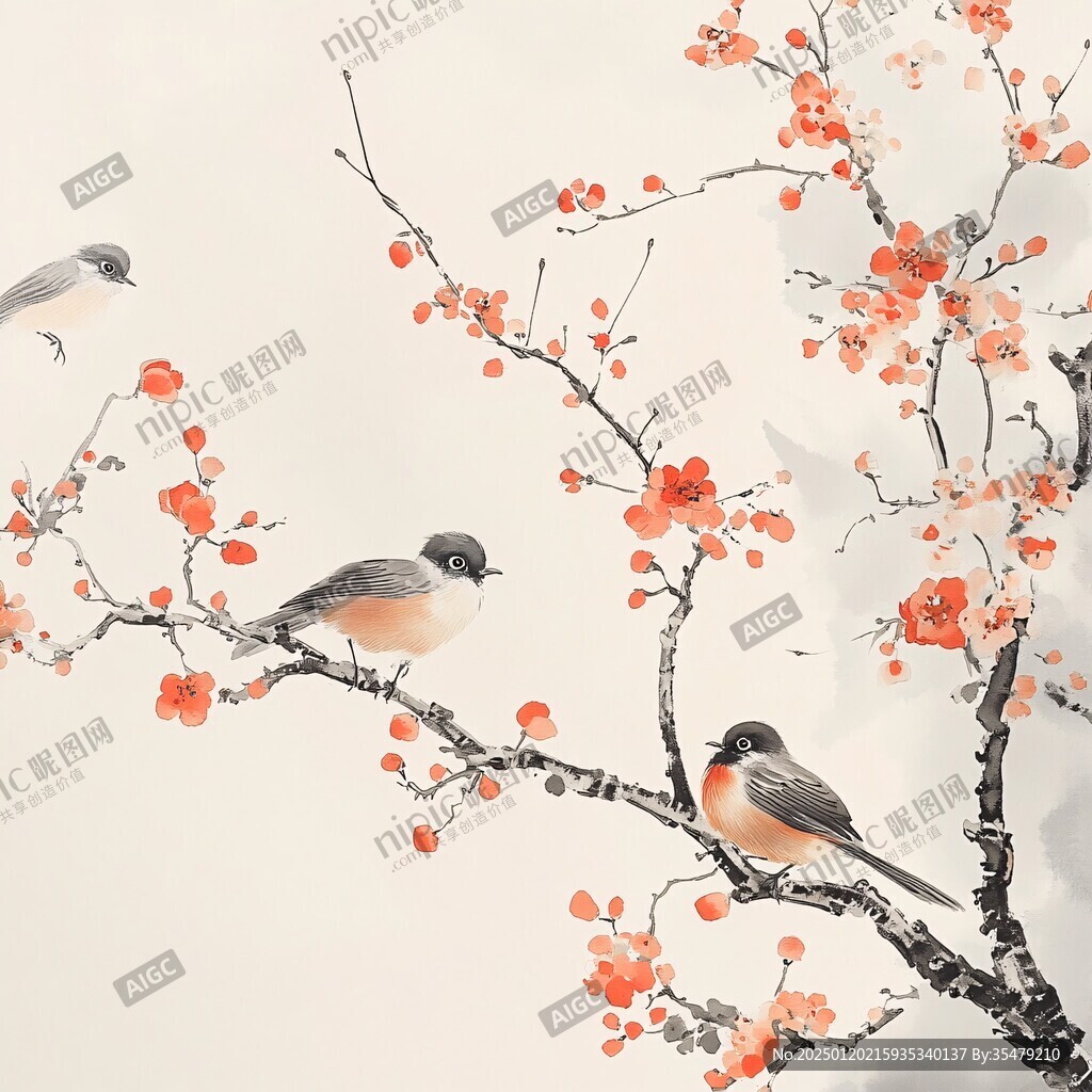 新中式手绘红色花鸟