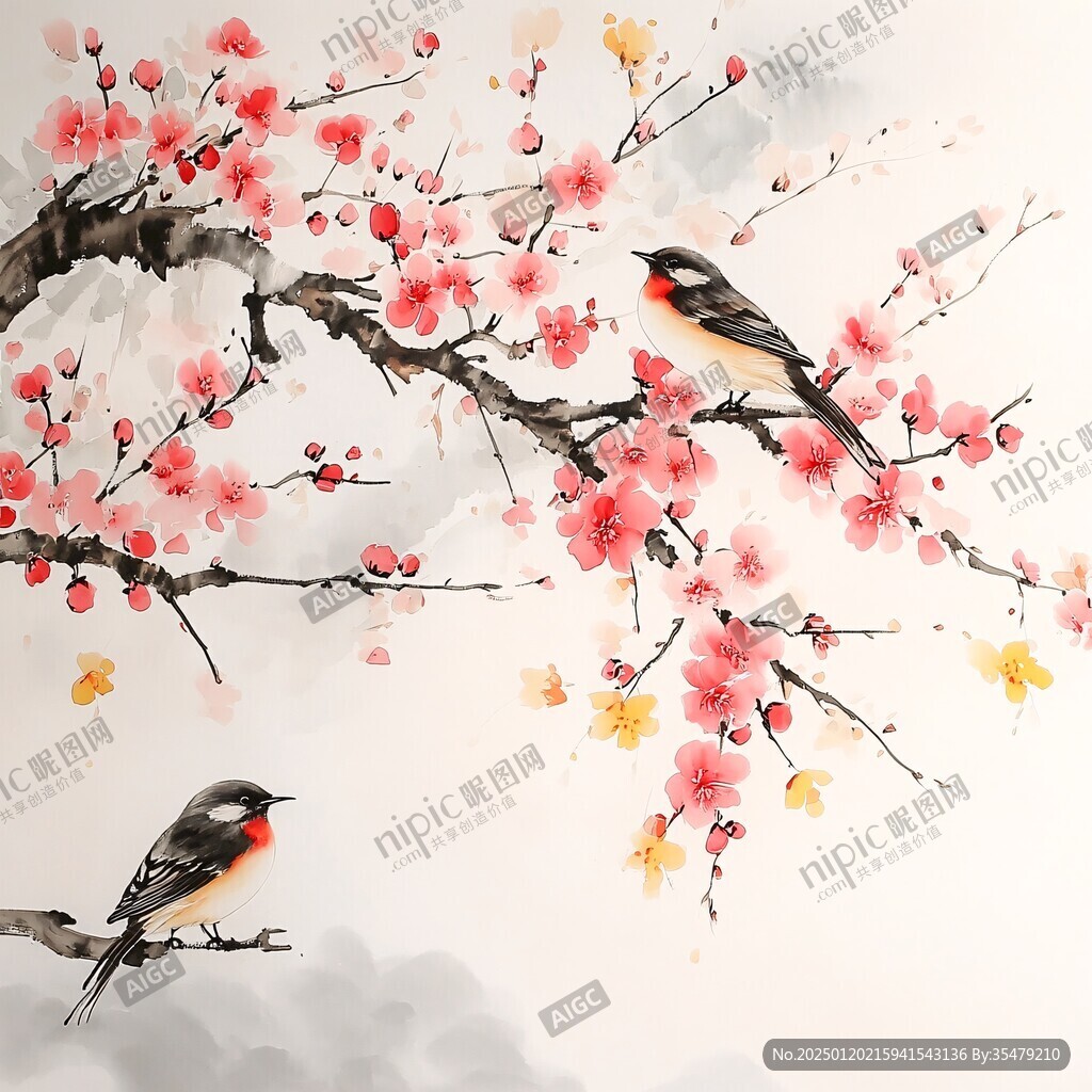 手绘水彩梅花花鸟壁画