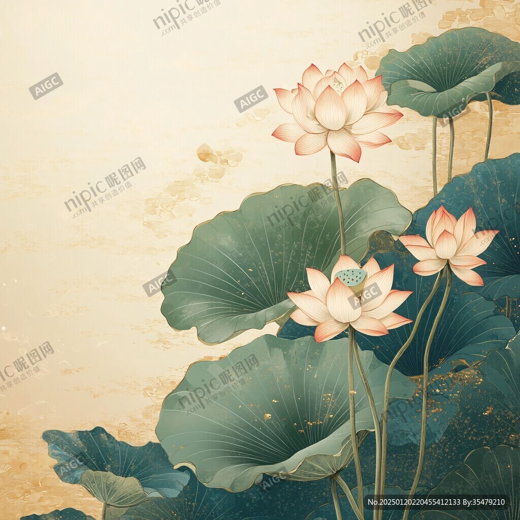 深蓝背景荷花图