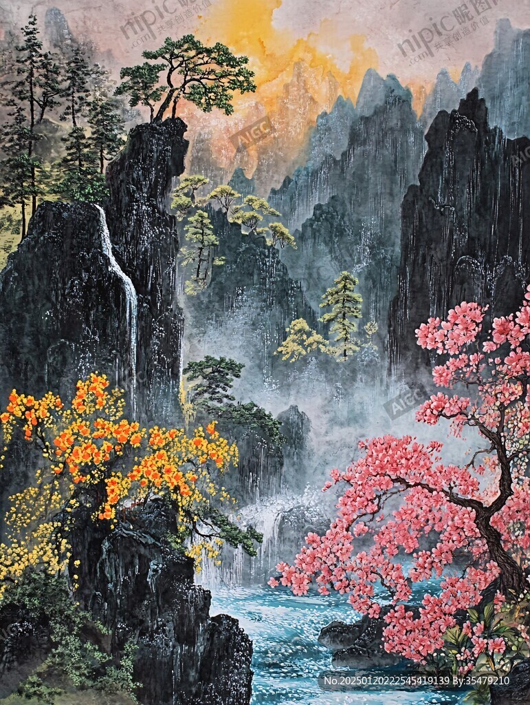 迎客松油画