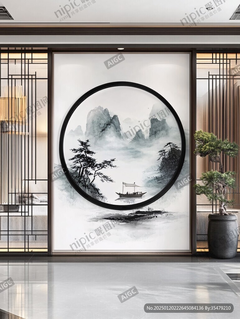禅意山水圆形挂画框画