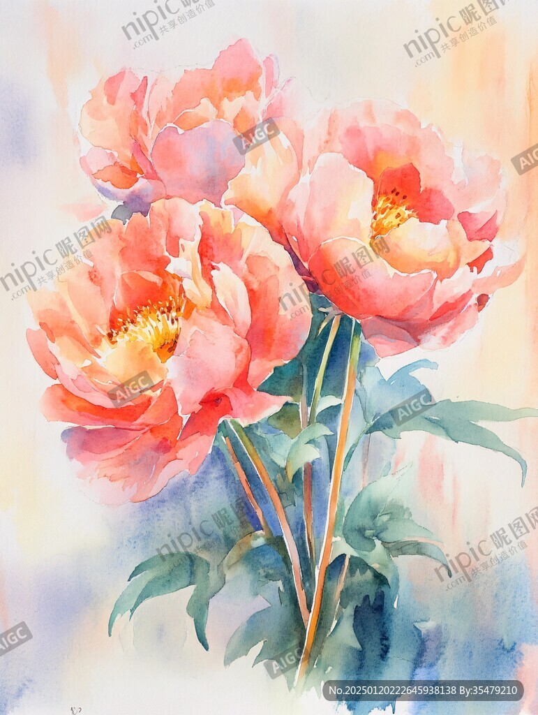 牡丹水粉插画